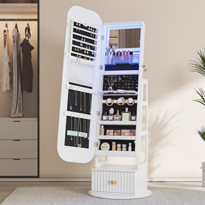 22.05" Wide Freestanding Jewelry Armoire With Mirror And Led Light