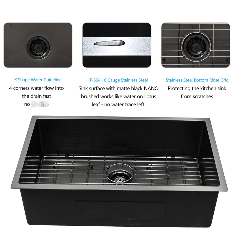 16 Gauge Stainless Steel Kitchen Basin, 33" Gunmetal Black, With Drain Assembly For Convenience Black 10 Inch Deep, 16G Stainless, Long-Lasting Performance
