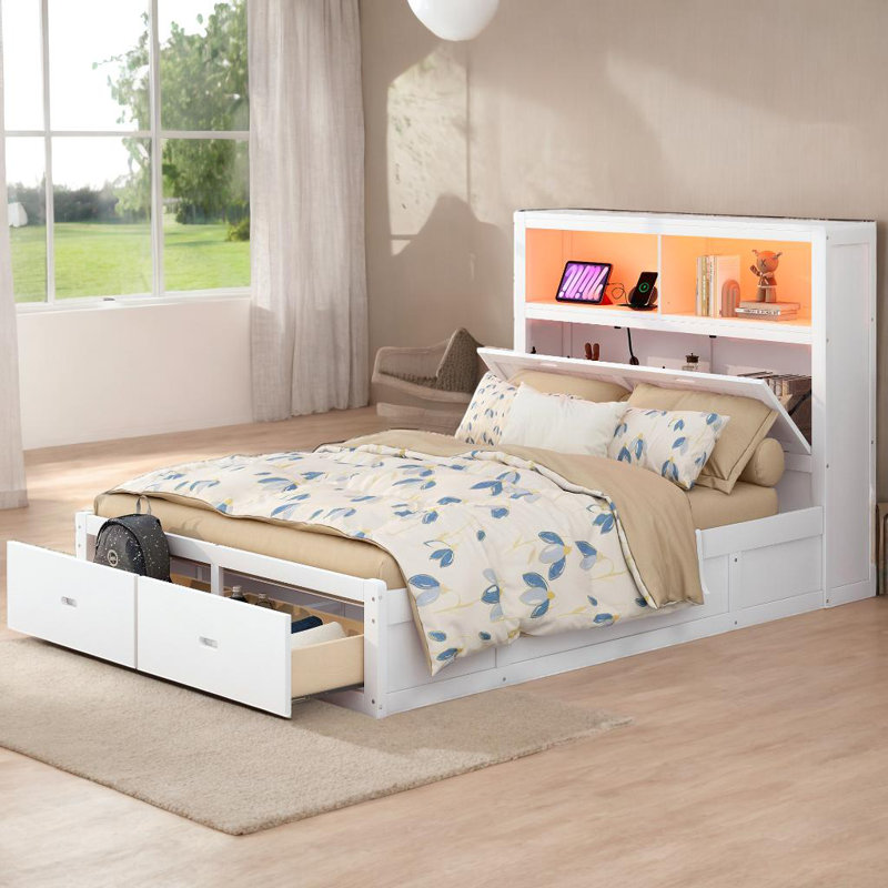 Tête de lit plateforme multifonctionnelle avec station de charge USB et DEL, Blanc, Grand lit