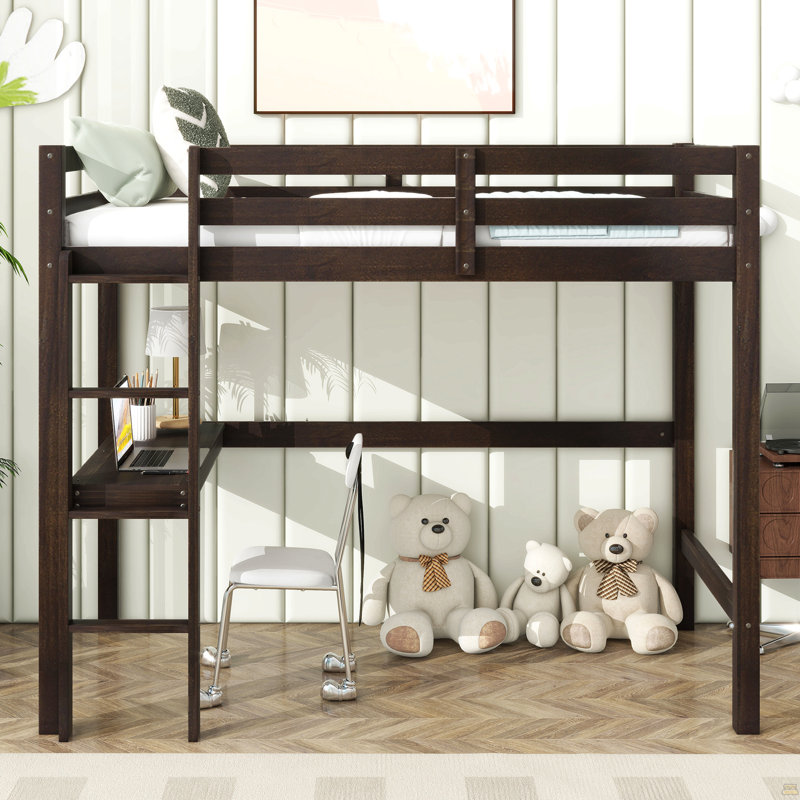 Lit mezzanine simple haut, lit mezzanine en bois d'hévéa avec barrière de sécurité, Espresso