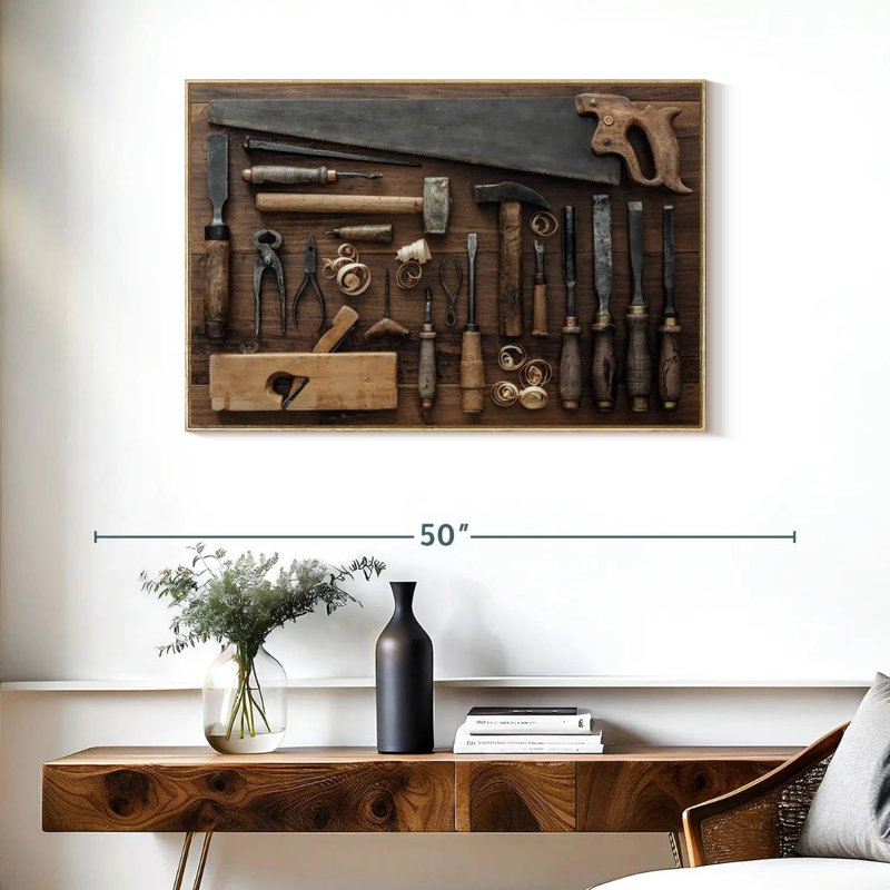 Old Carpentry Tools, Floating Frame Natural Wood, 37" X 25"