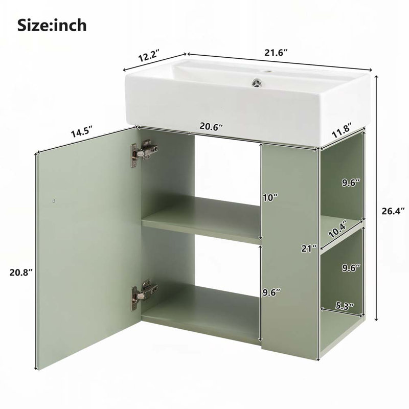 Meuble-lavabo de salle de bain avec lavabo en céramique, porte, tablettes, Vert