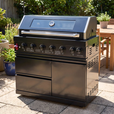 Barbecue à gaz îlot à six brûleurs de 43 pouces + Matériau en acier inoxydable + Fonction barbecue pour steaks et poulets rôtis + Brûleur infrarouge à haute efficacité
