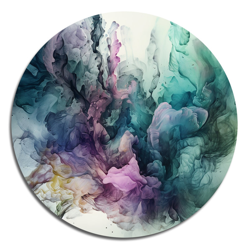 Décoration murale ronde en métal verte et mauve à encre liquide, H 23 po x l 23 po x P 1 po