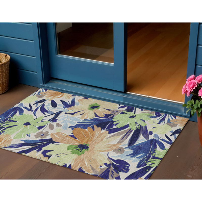3' X 5' Navy Blue And Beige Floral Washable Indoor Outdoor Area Rug