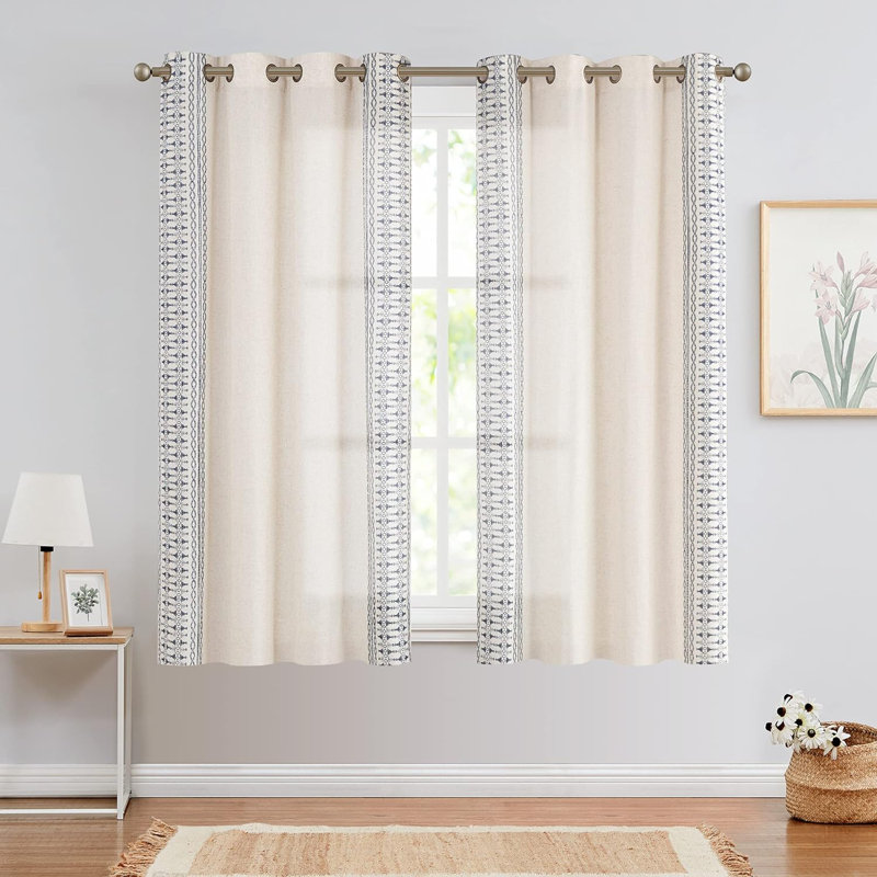 Paire de rideaux semi-transparents en lin Kidist, L 50 po x L 63 po, Bleu / Beige
