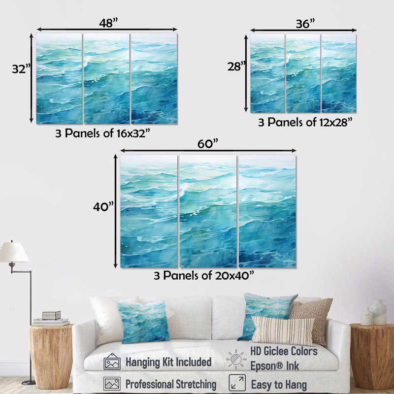 «Blue Ocean In Motion Scenery VI», ensemble d'art mural sur toile océan, Toile tendue, H 40 po x l 60 po x P 1 po