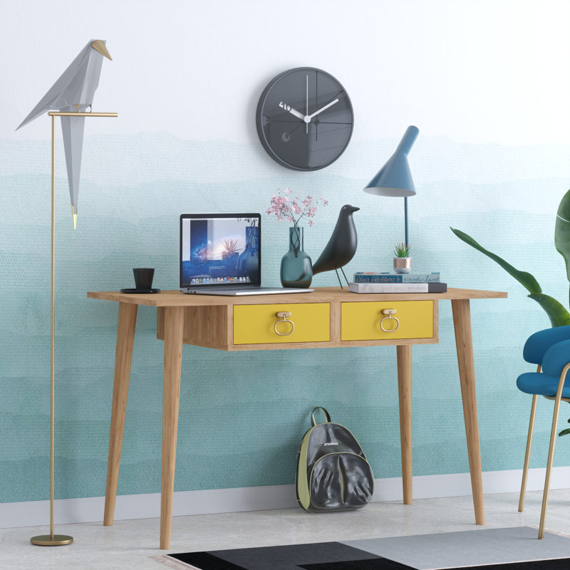 Modern Study Desk with Wooden Legs & Metal Handle, Oak & Yellow Colors, 47.2 x 29.1 x 23.6 inches | 100% Melamine Coated Particle Board, Thickness: 0.7 inches | Stylish Scandinavian Design for Home Office