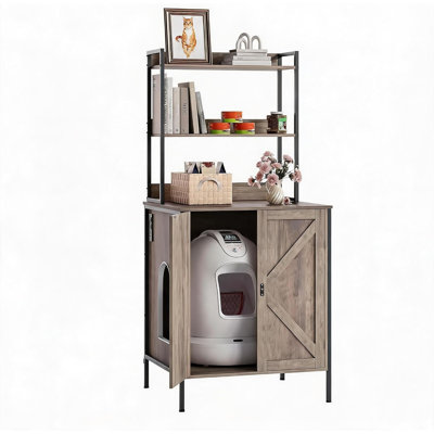 Litter Box Enclosure for Robot 3 & 4, Wooden Cat Litter Cabinet with Built-in Power Strip, Storage Shelf & Self-Cleaning Litter Box Furniture Organizer