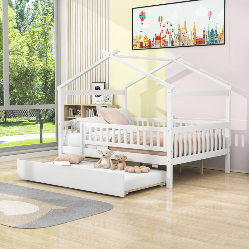 Full Wooden House Bed With Twin Trundle And Guardrails, White