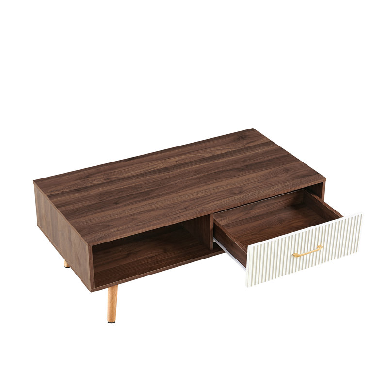Table basse rectangulaire avec pieds en bois massif, tiroir coulissant pour le rangement, table moderne pour le salon, couleur noyer