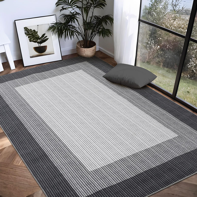 9X12FT Area Rug Machine Washable Modern Low Pile Non Slip Rugs Striped Edge Foldable Area Rug Stain Resistant Imitation Print Indoor Carpet Entryway Bathroom Rug Faux Wool Netural Rug for Dining Room