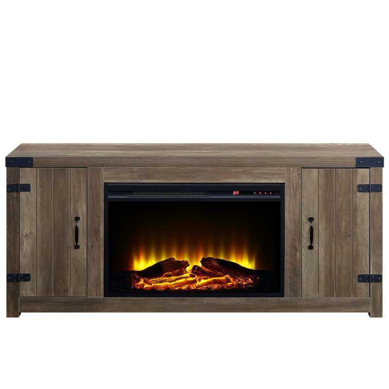 Meuble télé rustique en chêne avec foyer et rangement conçu pour un salon confortable
