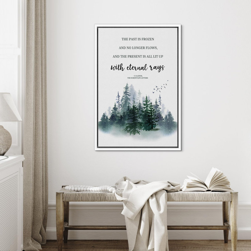 «Woodland Forest Landscape The Past Is Frozen», citation inspirante avec scène forestière, Blanc