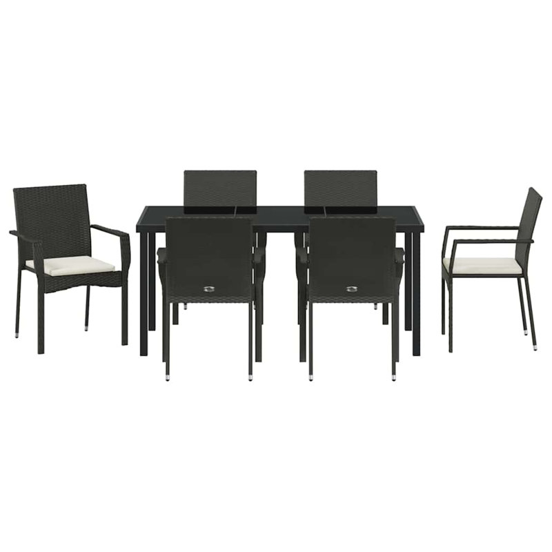  Ensemble de salle à manger de jardin avec coussin 7 pièces en rotin de polyester noir, 28.74" H x 62.99" W x 31.5" D, 6
