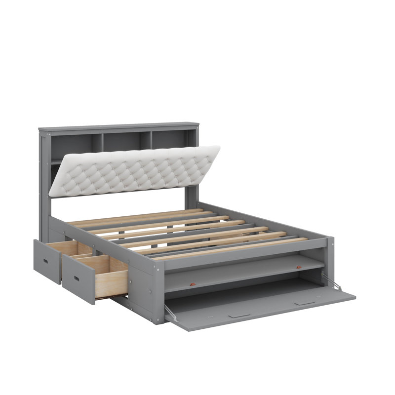 Grand lit plateforme en bois avec tête de lit, tiroirs et range-chaussures, gris