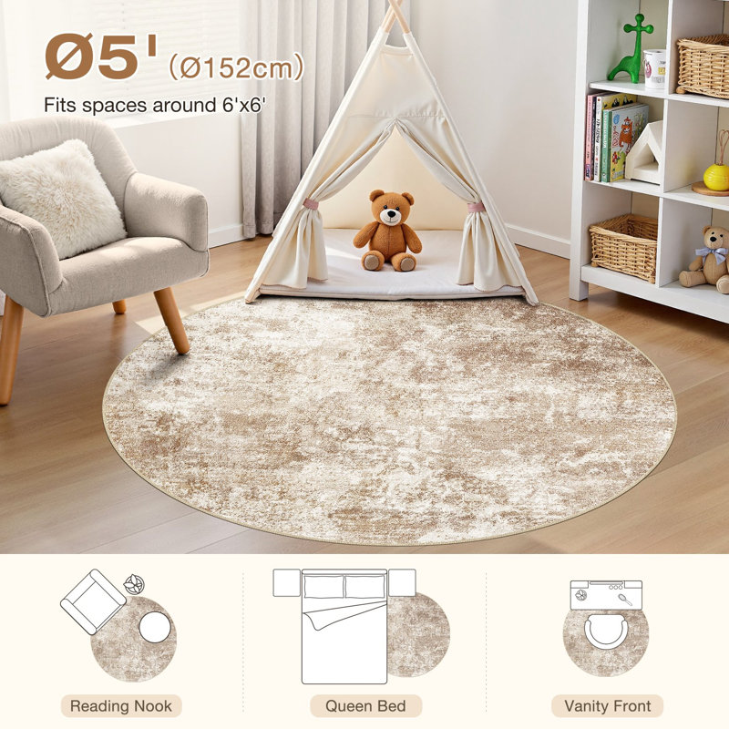 Washable Retro Abstract Rug, Stain Resistant Carpet for High Traffic Areas, Round 5'