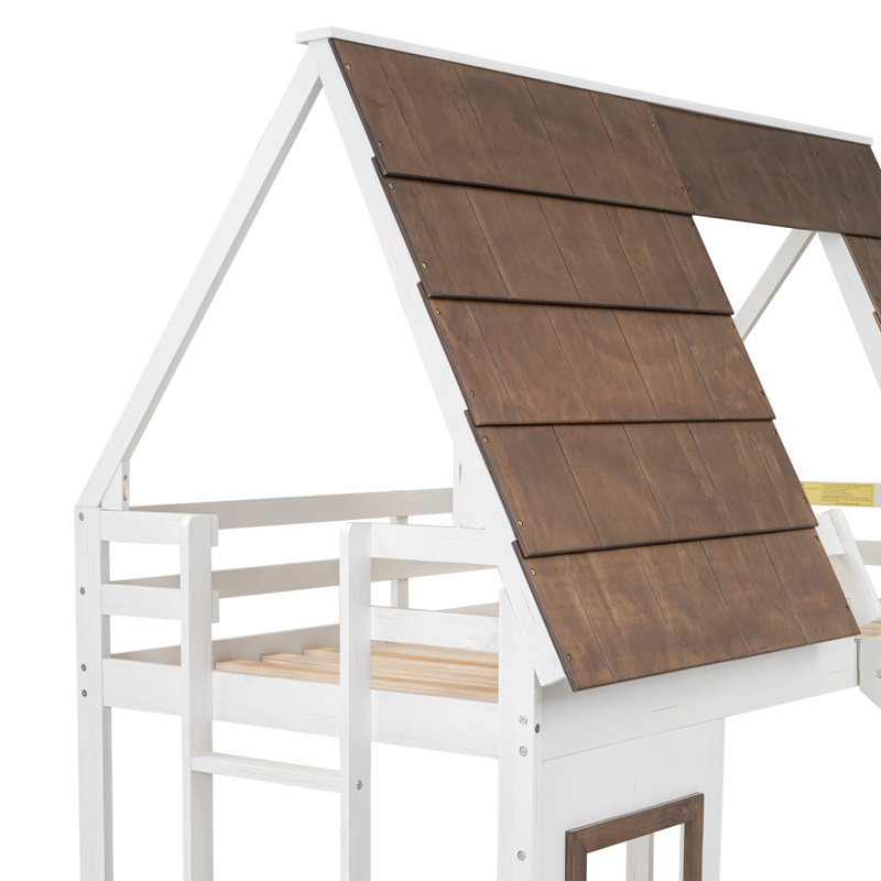 Lit superposé simple en bois avec toit, échelle et meubles de chambre à coucher coulissants