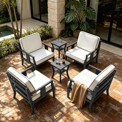Teak Outdoor Four-person Conversation Set With Cushion And Two Side Tables
