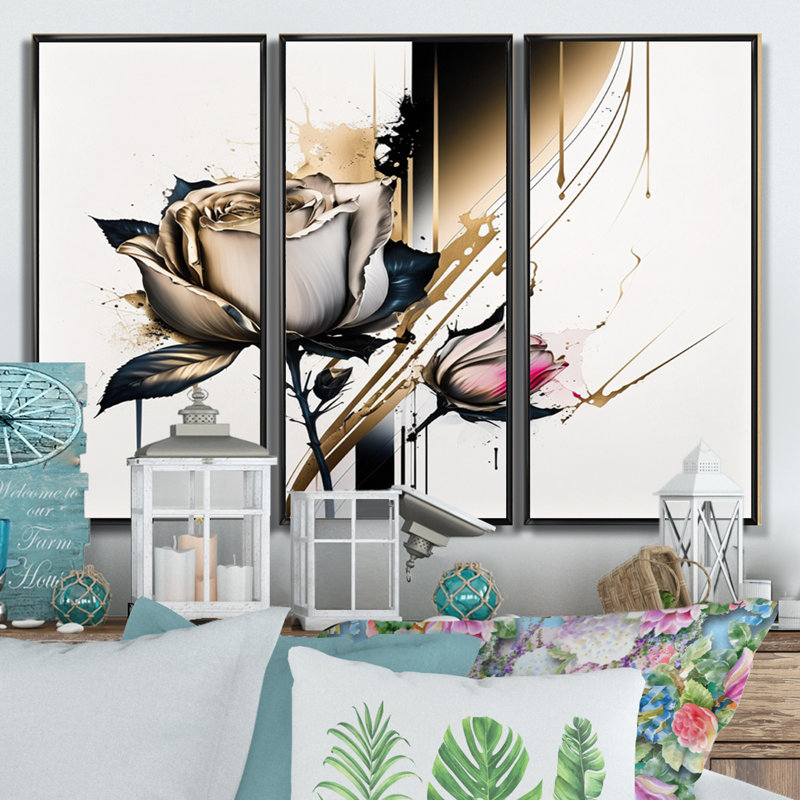 «Roses Flow Flower On Abstract Fusion IV», reproduction de 3 pièces, Cadre noir, H 32 po x l 48 po x P 1 po
