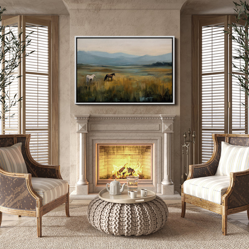 «Peaceful Horses in Open Meadow Landscape», art mural encadré, H 16 po x l 24 po, Blanc