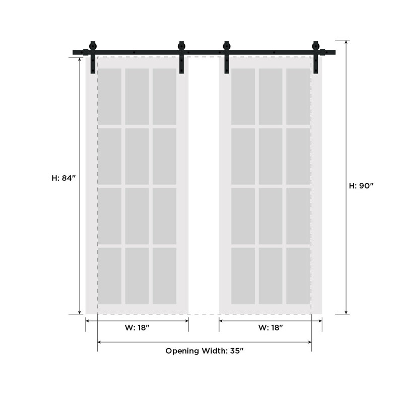 Double porte de grange | Émail blanc IMPERial 1822 | Ensemble de rail argenté | Portes intérieures solides, 36 po x 84 po