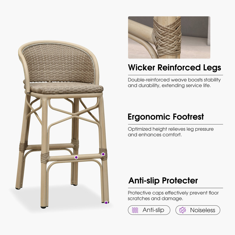 Tabouret de bar en PE en rotin avec accoudoirs ergonomiques PURPLE LEAF, Light Beige