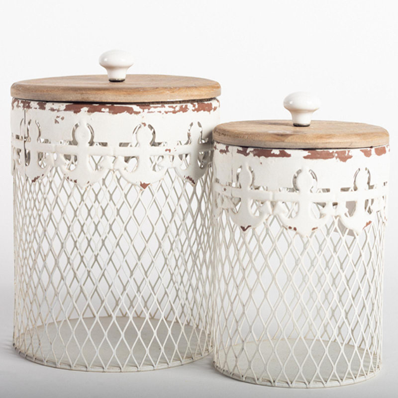 Ensemble de 2 pots en métal blanc avec pots à couvercle brun