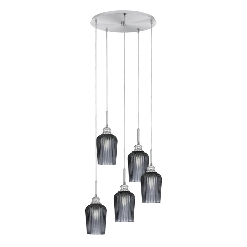 Luminaire suspendu grappe 5 lumières avec verre 5 "Edge, Fumée texturée, Nickel brossé