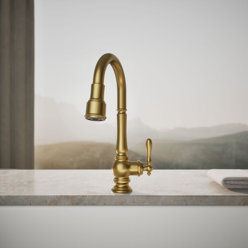 Artifacts Pull Down Bar Faucet with Accessories, Vibrant Brushed Moderne Brass