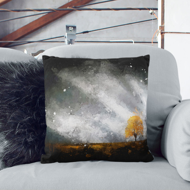Lone Tree at Dusk Paint Splash Cushion with Filling, White, 40cm H x 40cm W x 15cm D
