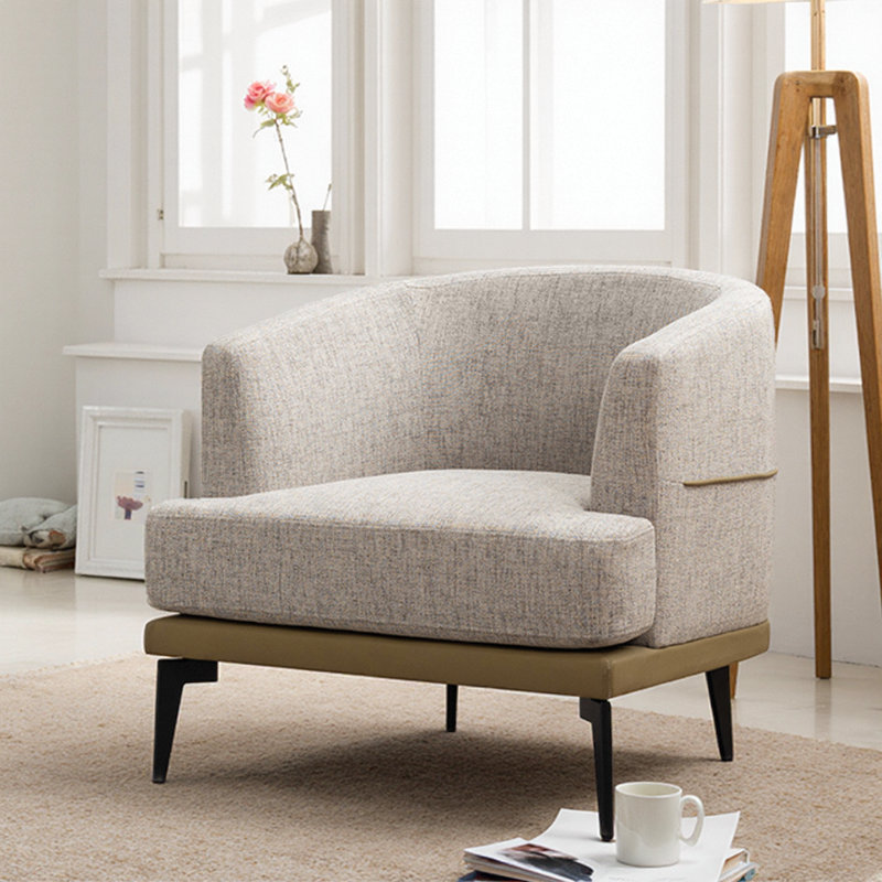 Fauteuil demi-tonneau moderne en tissu avec pieds en métal, fauteuil rembourré moutarde pour le salon, Moutarde