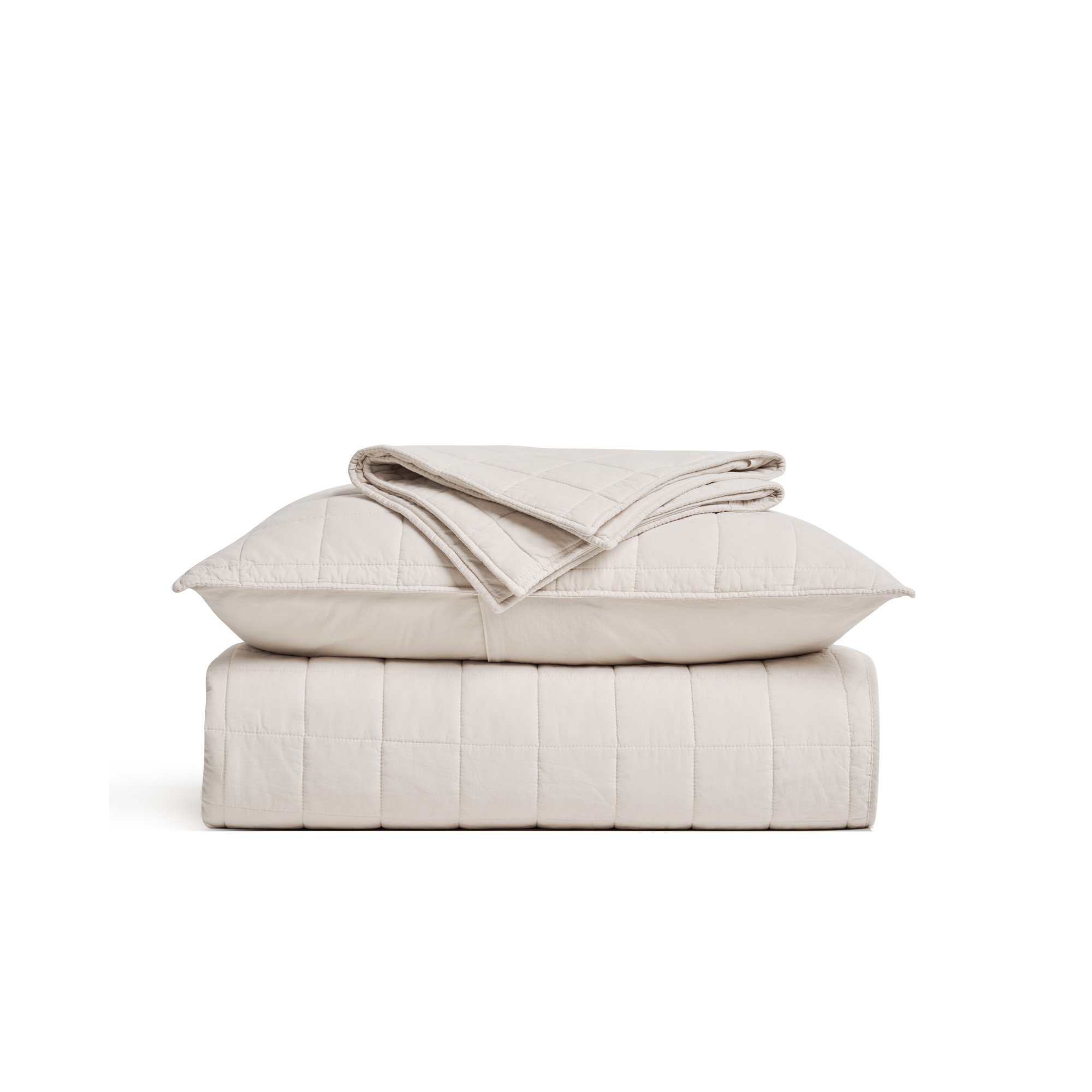 100% Cotton Box Stitch Quilt Set, King Quilt + 2 King Shams, Birch