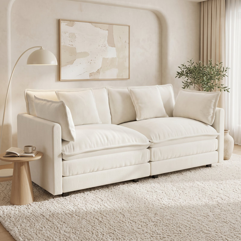 Canapé 2 places à assise profonde avec revêtement texturé riche et coussins moelleux, blanc crème