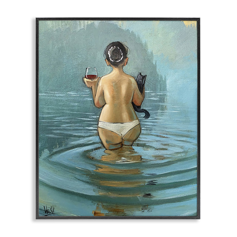«Cat & Wine Dip At Twilight», estampe numérique, design par Ronald West, H 30 po x l 24 po, Giclée noire de minuit encadrée