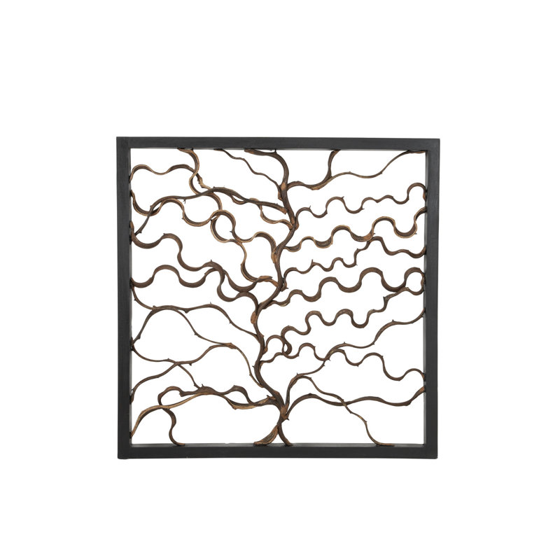 Décoration murale carrée en bois de teck et branches de Bauhinia, H 35,5 po x l 35,5 po x P 2 po