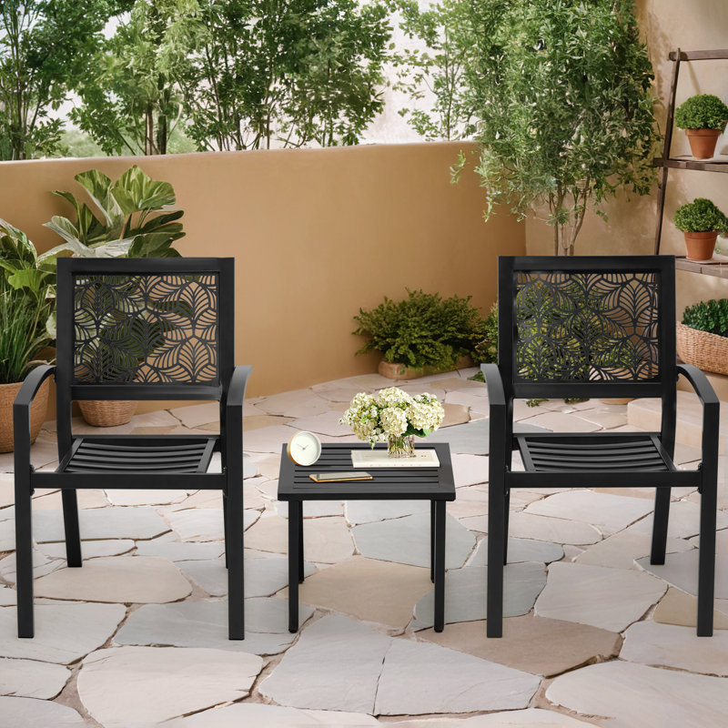 Outdoor Bistro Set 3 Piece Set - Comfortable Metal Patio Chairs And Small Table, Floral Back Design, Waterproof, Uv Resistant For Porch, Balcony, Garden, Backyard, Poolside