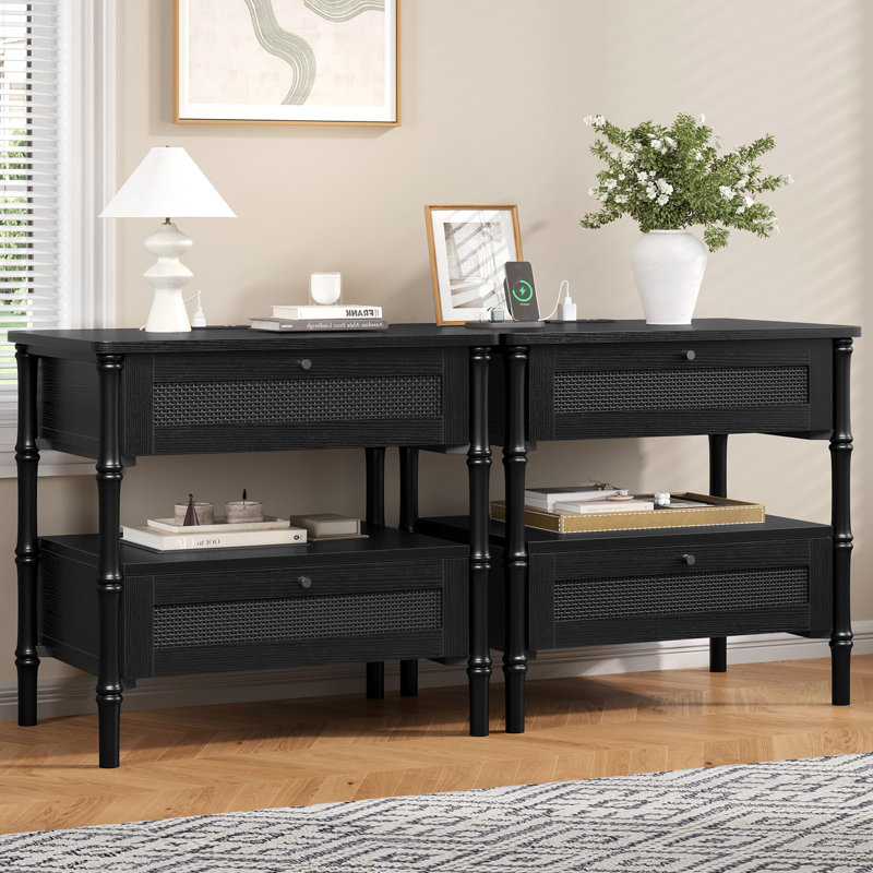 Ensemble de 2 tables de chevet en rotin avec station de charge, table de chevet, noir