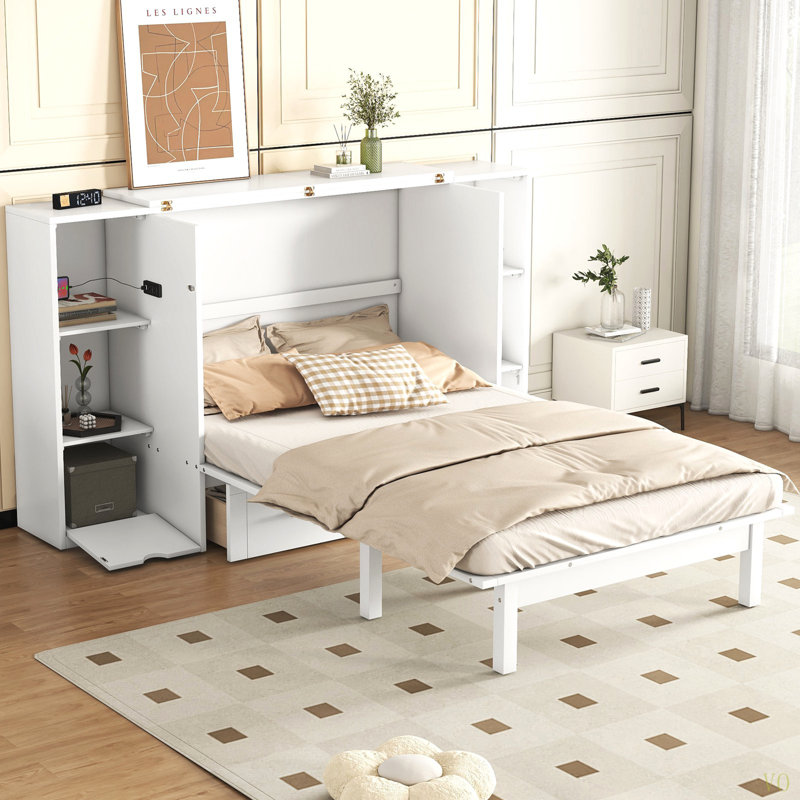 Grand lit escamotable avec tablettes, tiroirs et ports USB