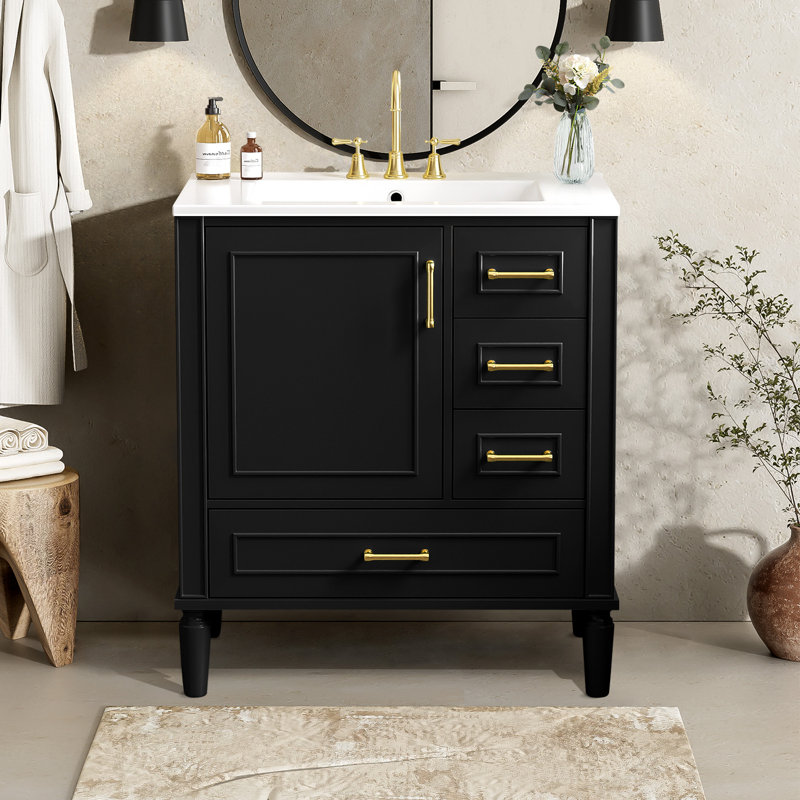 Ensemble de meuble-lavabo traditionnel, sur pied, longues poignées en métal doré, Noir