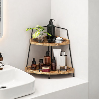 2-Tier Corner Bathroom Counter Organizer with Metal Frame, Wooden Countertop Shelf for Kitchen, Bathroom, Skincare, Toiletries