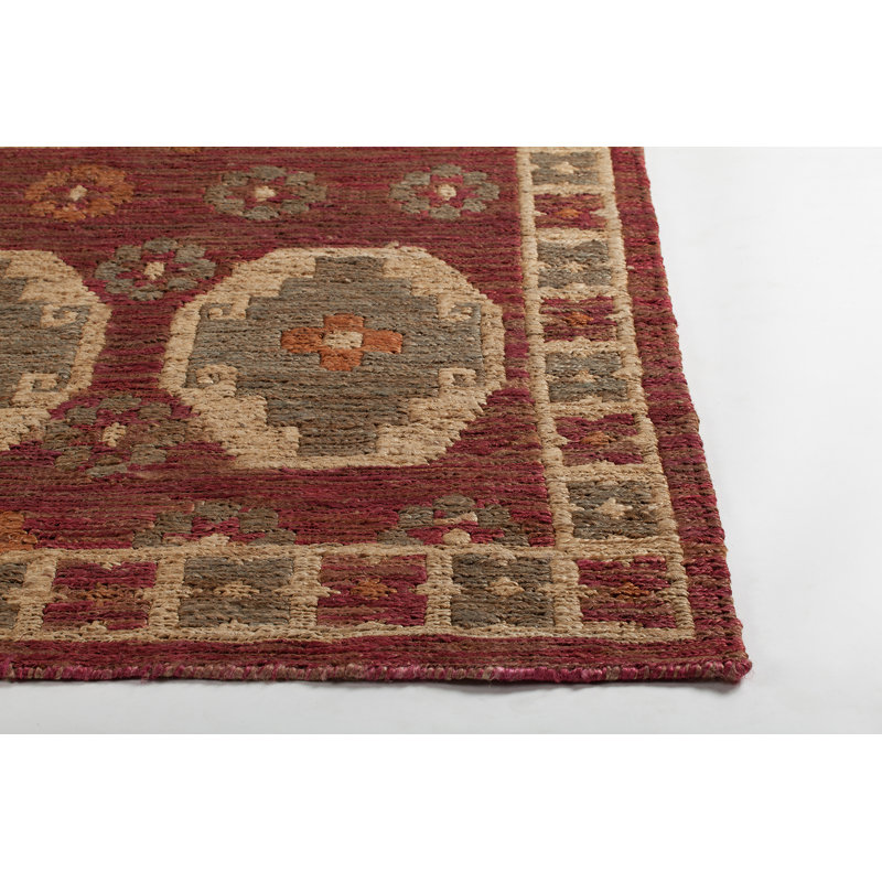 Tapis rouge / beige fait à la main Ronan, Rectangle 5 pi x 7 pi 6 po