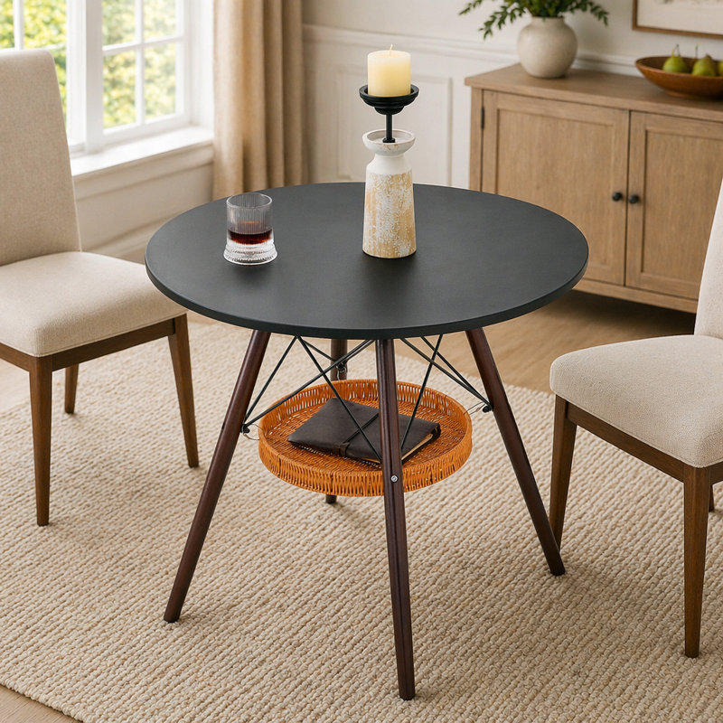 Table de salle à manger circulaire de 31,5 pouces de diamètre, plateau de table en panneau de fibres à densité moyenne noir, pieds en bois massif noyer, avec structure de panier de rangement tissé suspendu. Une table basse décontractée convenant à 2 à 4 personnes.