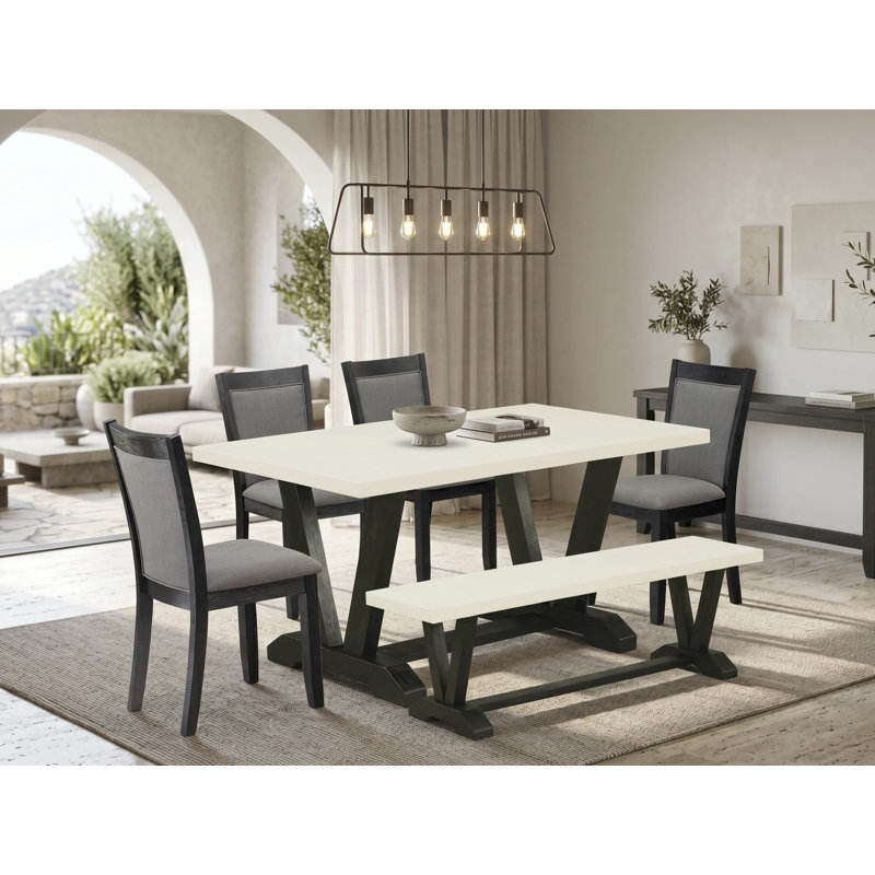 6-pc dining room table set contains a linen white (off-white) mid-century table a dinette bench and 4 dark Gotham grey linen fabric modern chairs with high back - wire brushed black finish
