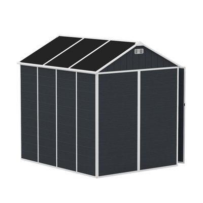 Remise de rangement extérieure 8 * 7 pi, remise extérieure en résine avec deux fenêtres et double porte, remise en plastique avec plancher pour jardin, patio, cour, pelouse (gris foncé)