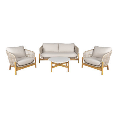 Ensemble de conversation d'extérieur 4 pièces avec cadre en bois d'acacia, corde tissée à la main et table basse Terrazzo Portofino