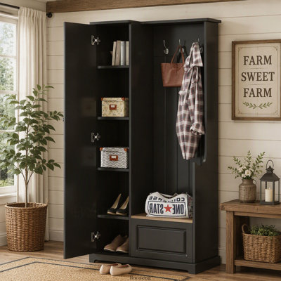 Élégant portemanteau avec banc rabattable, armoire à chaussures réglable et crochets de suspension, noir