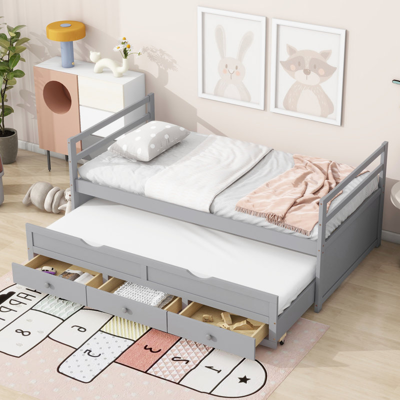Bed With Headboard, Footboard, Trundle And Three Storage Drawers, Pine Wood Bed With Headboard, Footboard, Gray