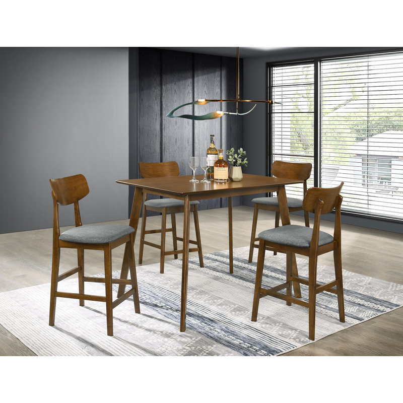 Ensemble de salle à manger à hauteur de comptoir 5 pièces Rinona, 4 chaises, tissu gris et bois brun