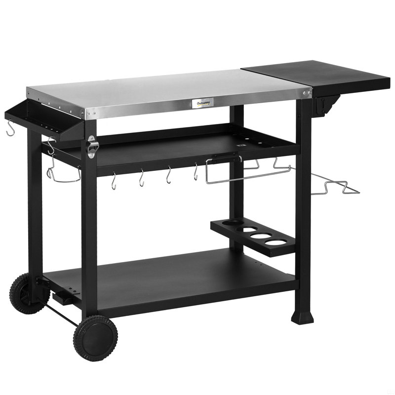 Chariot de gril avec table d'appoint pliable, support de four à pizza multifonctionnel en acier inoxydable de 46 po x 21,75 po avec trois tablettes, table de préparation des aliments mobile sur roulettes